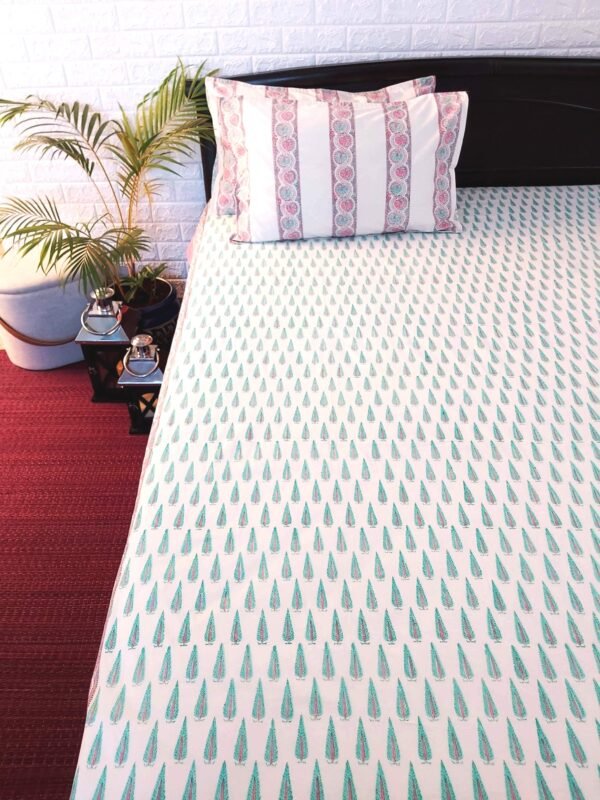 sea green tree blockprint cotton bedsheet