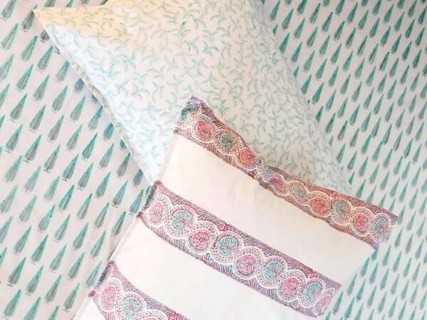 sea green tree blockprint cotton bedsheet