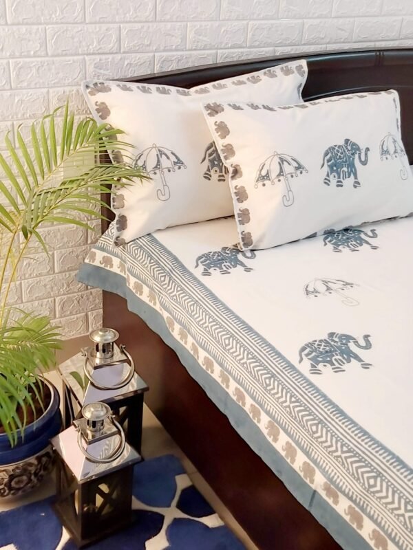 elephant blockprint cotton double bedsheet