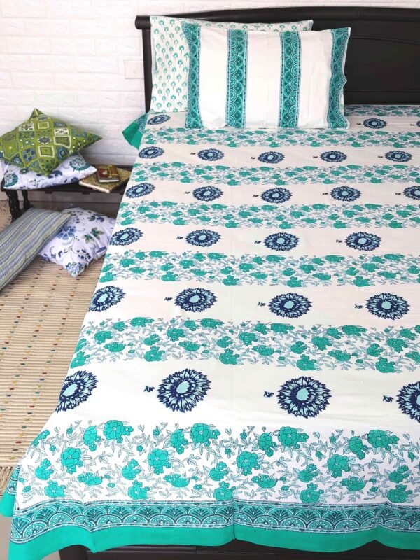 teal blue floral blockprinted bed sheet