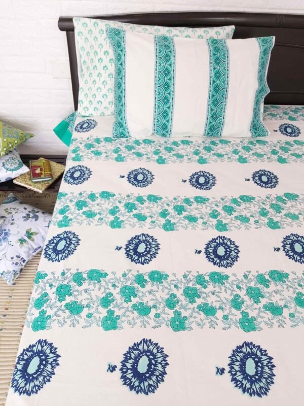 teal blue floral blockprinted bed sheet