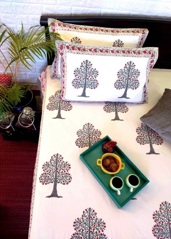 handblock printed cotton bedspread in tree print