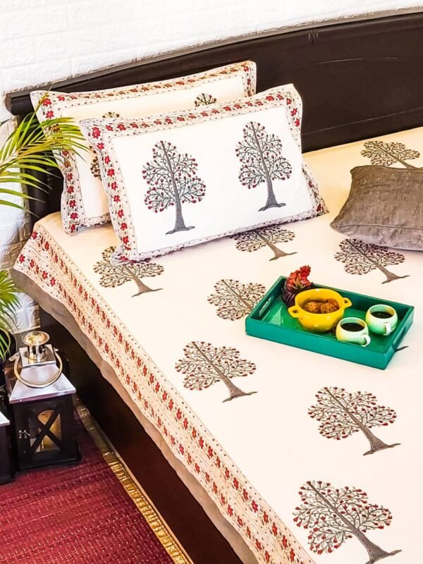 handblock printed cotton bedspread in tree print