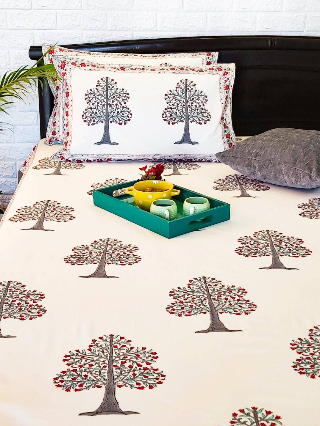 handblock printed cotton bedspread in tree print