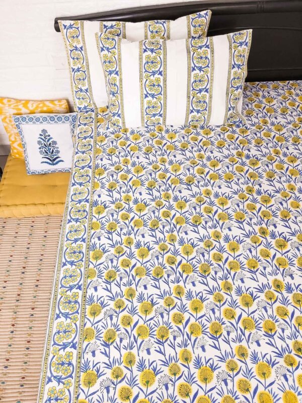 yellow block printed double bedspread