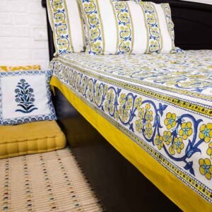 Yellow floral handblock double bedsheet