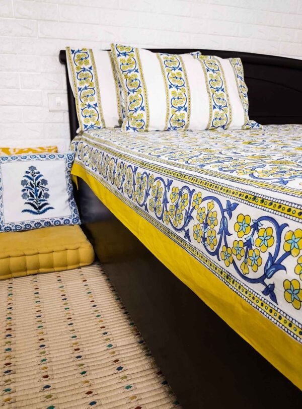 yellow block printed double bedspread