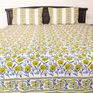 Yellow floral handblock double bedsheet