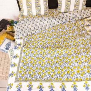 Yellow PHULWARI Hand-block Printed Double Bed Quilt