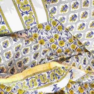 Yellow PHULWARI Hand-block Printed Double Bed Quilt