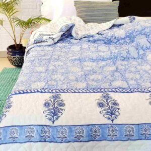 Blue Floral Jaal Double Bed Cotton Quilt