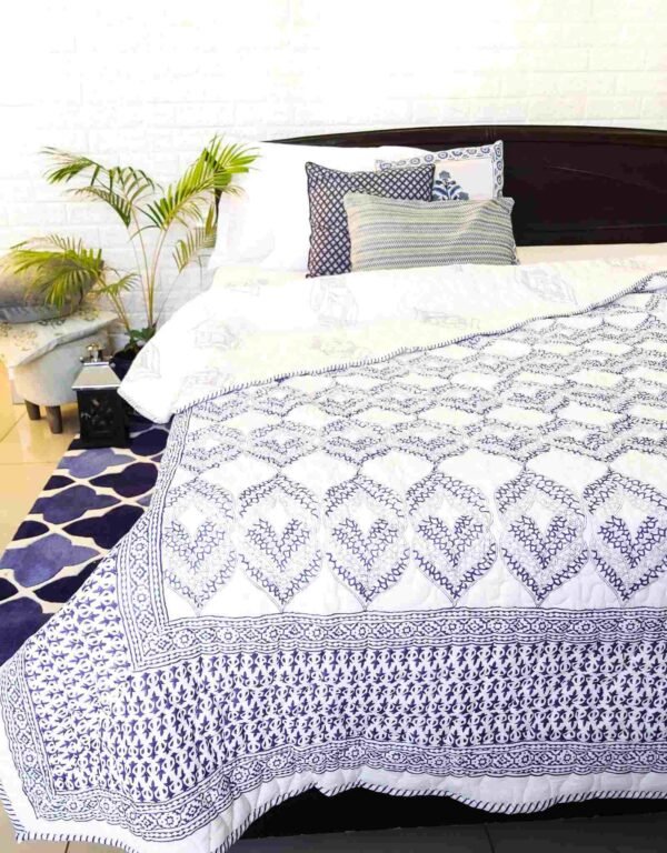 blue boho handblock double bed quilt