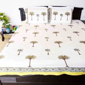 Palm tree block printed cotton bed sheet