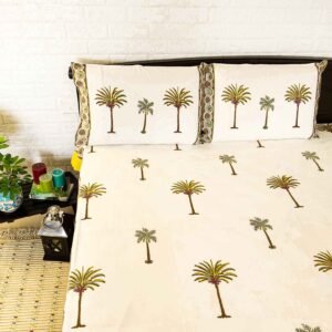 Palm tree block printed cotton bed sheet