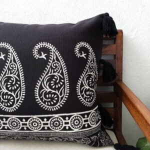 Black blockprinted cushion cover paisley 18″