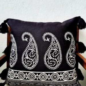 Black blockprinted cushion cover paisley 18″