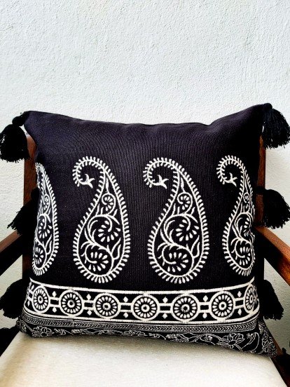 black cushion cover handblock printed 18 inch