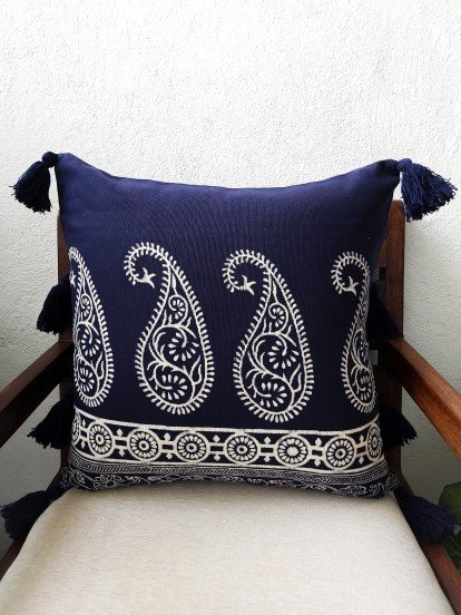 blue cushion cover handblock print 18 inch paisley