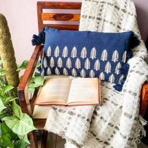 Blue embroidered handblock lumbar cushion cover