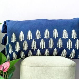 Blue embroidered handblock lumbar cushion cover