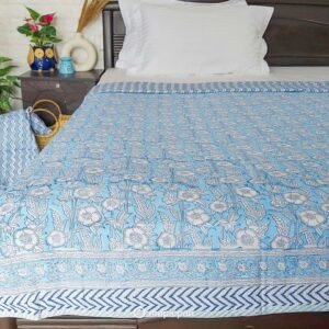 Blue floral hand block reversible dohar