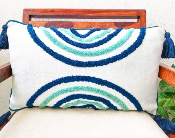 lumbar embroidered cushion cover in blue and turquoise color