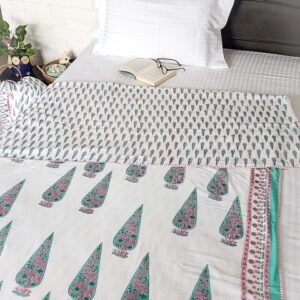 Mint green block printed reversible dohar