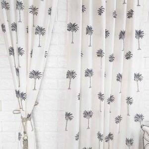 Blue palm tree handblock cotton curtain-Set of 2pcs