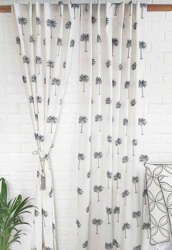 Blue palm tree handblock cotton curtain-Set of 2pcs - Image 4