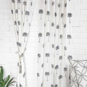 Blue palm tree handblock cotton curtain-Set of 2pcs