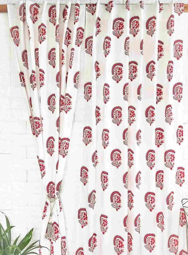 Red blossom handblock cotton curtain-Set of 2pcs - Image 4