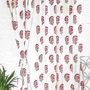 Red blossom handblock cotton curtain-Set of 2pcs