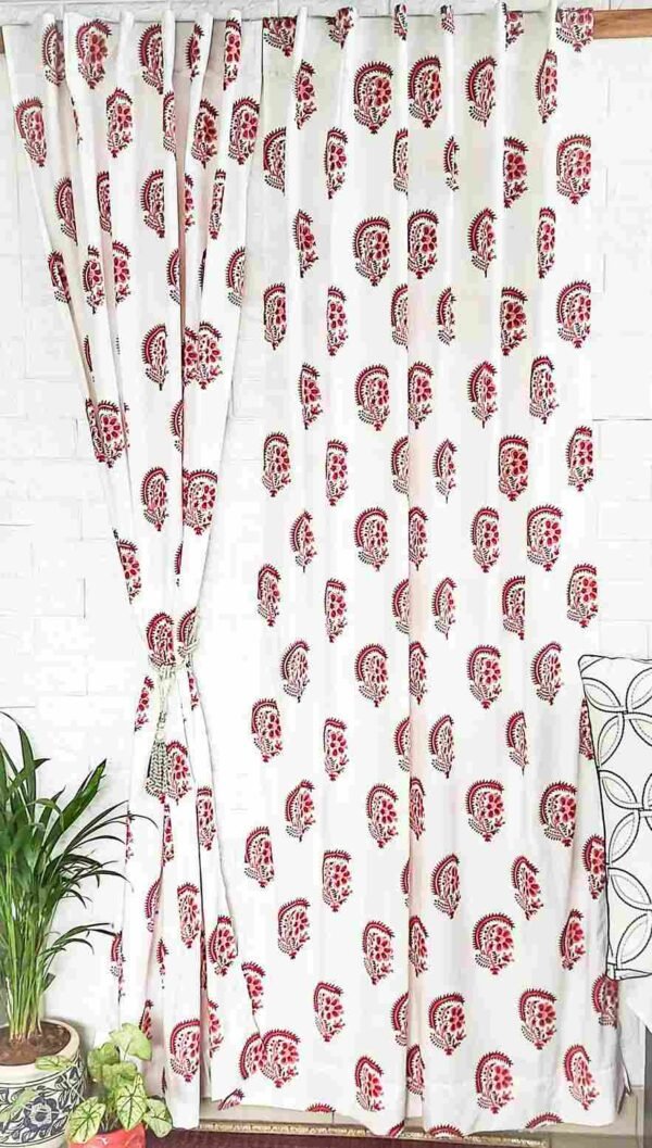 Red floral handblock cotton curtain main