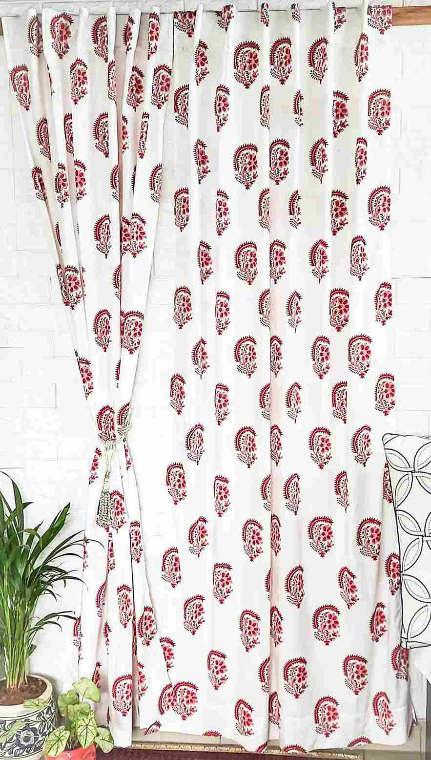 Red floral handblock cotton curtain main