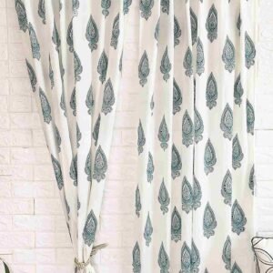 Turquoise leaf handblock cotton curtain-Set of 2pcs