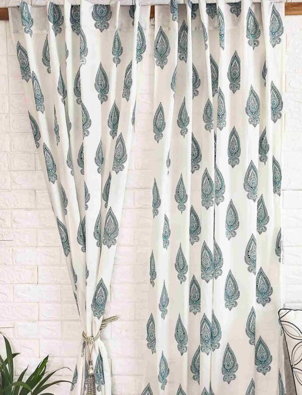 Turquoise handblock cotton curtain 1