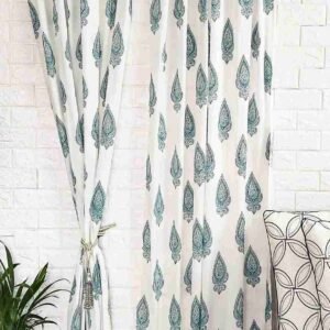 Turquoise leaf handblock cotton curtain-Set of 2pcs