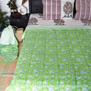 Green floral handblock single bed cotton dohar