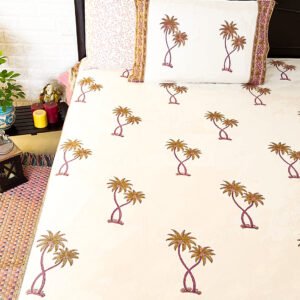 Blockprinted palm tree cotton double bedsheet