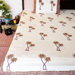 Blockprinted palm tree cotton double bedsheet