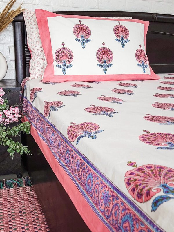 Pink block printed double bedsheet