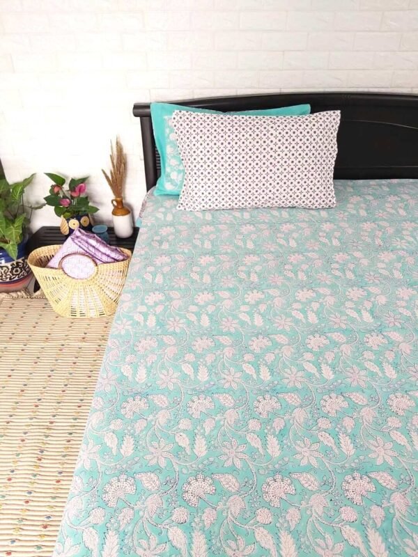 sea green floral print cotton bedsheet 1