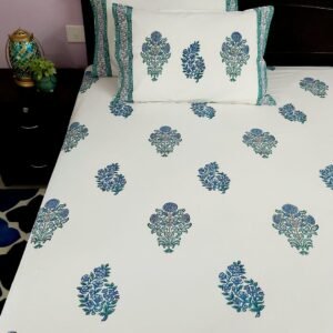 Turquoise Cotton Handblock Double Bedsheet