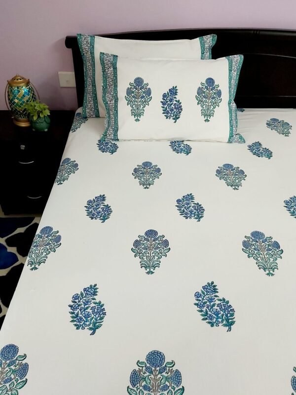 turquoise cotton handblock double bedsheet