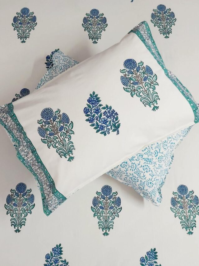 Turquoise Cotton Handblock Double Bedsheet
