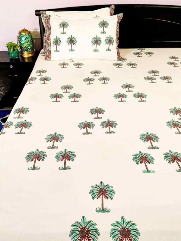 palm tree cotton handblock double bedsheet m2