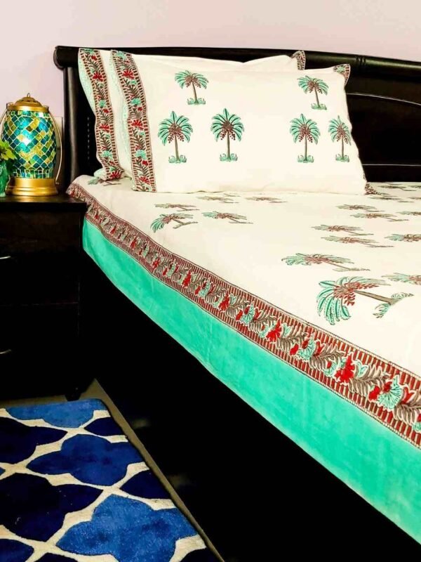 palm tree cotton handblock double bedsheet m3