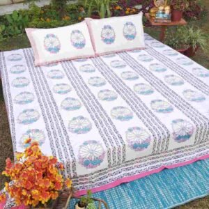 Pink Floral Wheel Cotton Handblock Double Bedsheet