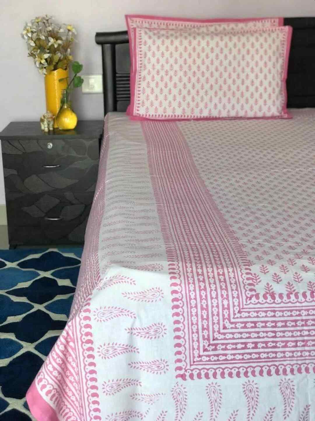 pink cotton handblock double bedsheet