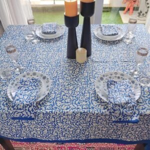 Table Cover Set Blue Blockprinted, 6 Seater